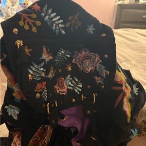 Embroidered Black Backpack with Floral Design